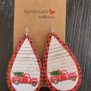Red and White Teardrop Earrings with Truck Design